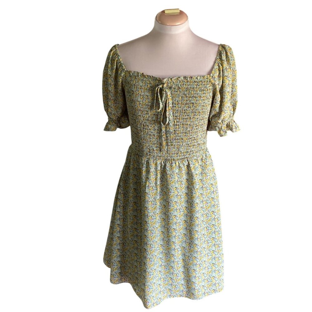Nordstrom Melloday Baby Doll Dress, Sz Medium, Smocked Ditzy Floral Puff Sleeves